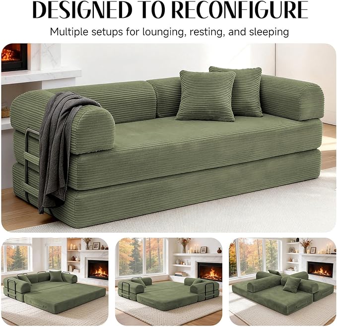 79'' Convertible Sofa Bed, Boneless Couch-in-a-Box, Corduroy Floor Futon Loveseat Sleeper, 26'' Deep Seat, Removable Machine-Wash Covers, No Assembly, 2 Pillows, Olive Green