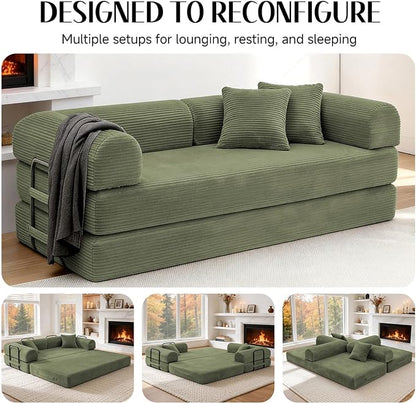79'' Convertible Sofa Bed, Boneless Couch-in-a-Box, Corduroy Floor Futon Loveseat Sleeper, 26'' Deep Seat, Removable Machine-Wash Covers, No Assembly, 2 Pillows, Olive Green