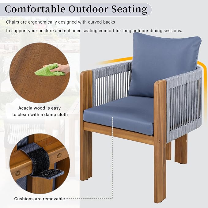 Quarte Luxury 4-Person Outdoor Dining Set: Solid Acacia Wood Table with Rope-Woven Chairs & Comfy Cushions for Patio, Garden, Poolside or Deck (Brown,Gray-R)