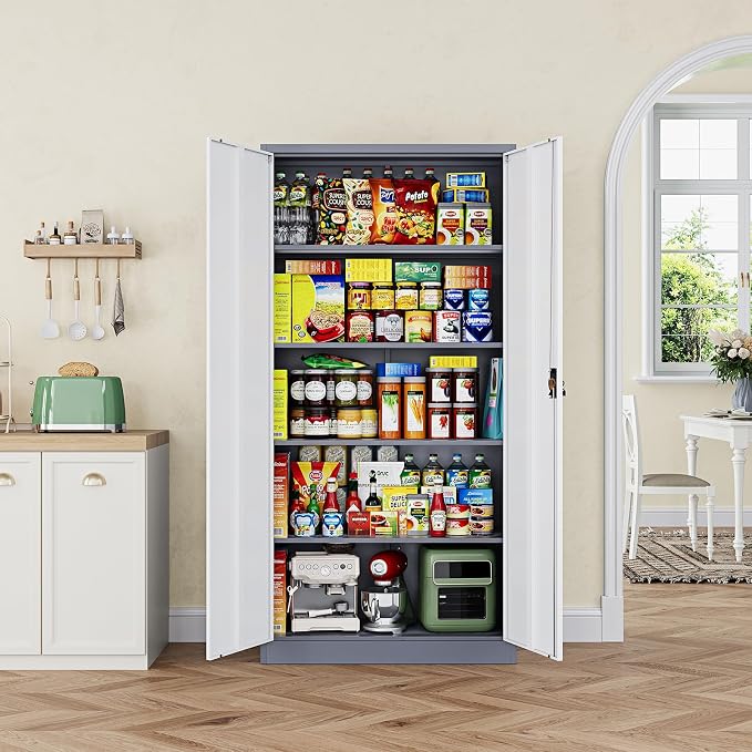 Letaya Metal Garage Storage Cabinets with Lock Door and Adjustable Shelves, Steel Tool Cabinets for Home,Office,Warehouse Organisieren (Gery White, 71" H)