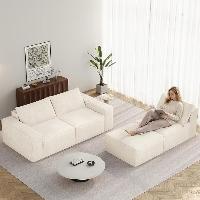 Vesgantti 114" Modular Boneless Couch, Modern 4 Sester Sectional Sofa with Deep Seat, Convertible Chenille L Shaped Cloud Couches for Living Room, No Assembly Required, Beige