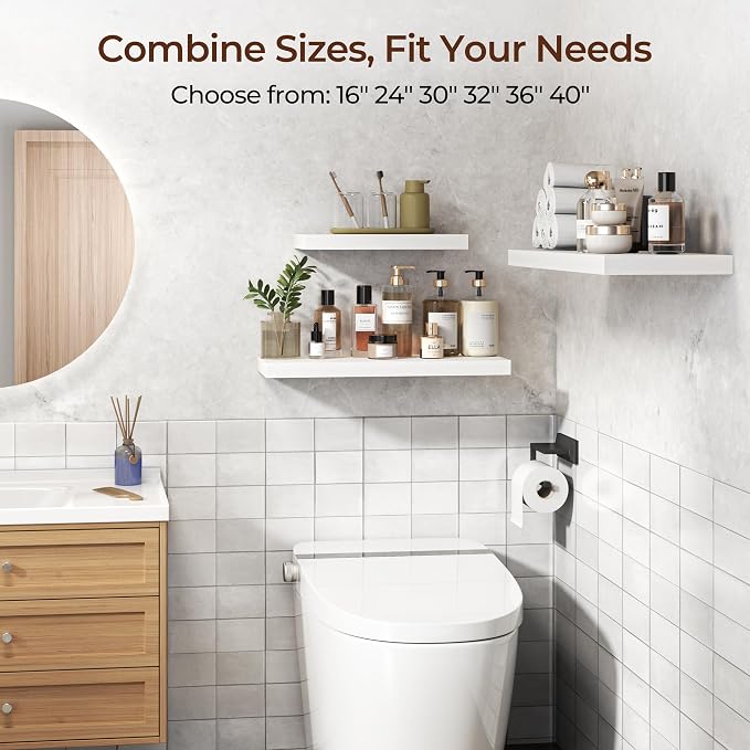 Fun Memories Floating Shelves for Wall 16 Inch Set of 3, Farmhouse Floating Shelves with Invisible Heavy Duty Bracket, 10 Inch Deep Bathroom Shelves for Storage, Living Room, Kitchen, Decor, White