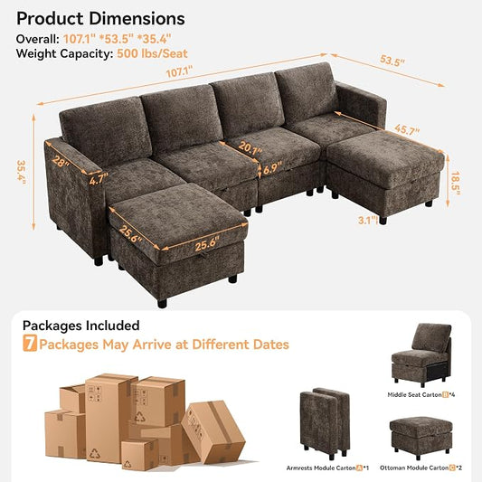 WUTUTUEE 107'' Modular Sectional Sofa Convertible U Shaped Sofa Couch Set with Storage for Living Room, Modern 6 Seater Modular Sectional Couch with Movable Ottoman, Chenille Brown
