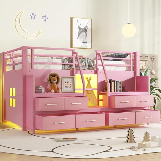 Bellemave Twin Size Low Loft Bed with 8 Fabric Storage Drawers,Metal Loft Bed Frame with Shelves and LED Lights for Boys Girls,Kids Loft Bed Twin Size,Pink
