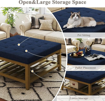 Befurtori Large Square Ottoman Coffee Table, Linen Solid Upholstered Footrest Ottoman with Solid Wood Shelf Storage Tufted Coffee Table for Bedroom Living Room, Navy Blue