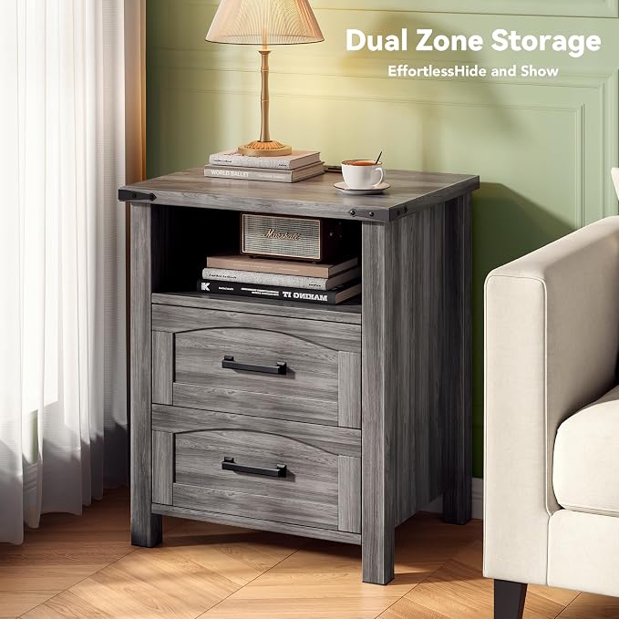 Decofy Farmhouse Nightstand with Charging Station, 18'' Wide Rustic End Table with USB/Type-C Ports, 2 Drawers & Open Shelf, Wood Bedside Table for Bedroom, Grey Oak