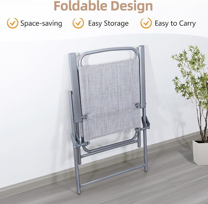 Vongrasig 6 Pieces Folding Patio Dining Set, All Weather Small Metal Outdoor Table and Chair Set, Garden Patio Furniture Set w/Umbrella, Glass Table & 4 Folding Chairs for Lawn, Backyard, Silver