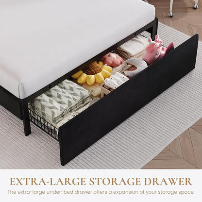 SHA CERLIN Upholstered Full Size Bed Frame with LED Lights and Large Storage Drawer, Velvet Platform Bed with Adjustable Wavy Headboard, Noise Free, Easy Assembly, No Box Spring Needed, Soft Black
