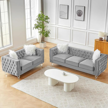 60" Chesterfield Sofa, Velvet Mid-Century Modern Upholstered Loveseat Sofa with 2 Throw Pillows and Acrylic Legs, Nailhead Button Tufted Vintage Couch for Living Room, Apartment, Grey