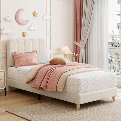 GarveeHome Twin Bed Frame, Upholstered Platform Bed with Wave Headboard for Girls/Kids, Easy Assembly, Wooden Slats Support, No Box Spring Needed, Boucle Beige