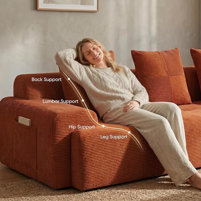 118" Sectional Boneless Oversize Modular Couches, Curved Cloud Sectional Sofa for Living Room, Corduroy U Shape Deep Seat Sofa with 2 Ottomans, No Assembly Required,Terracotta Orange