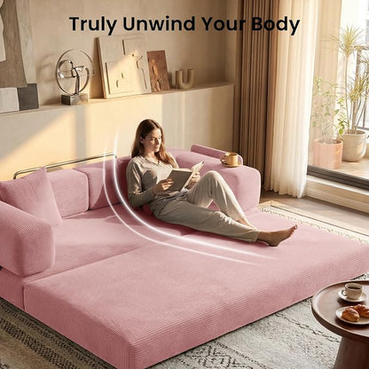 78.8" Convertible Futon Sofa Bed,Corduroy Futon Couch with Storage Pocket,Folding Pull Out Sofa,No Assembly Boneless Couch for Living Room | Pink