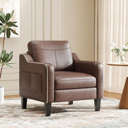 MALOL PU Leather Accent Chair, Mid-Century Modern Living Room Armchair Sofa with Removable Cushions, Solid Wood Frame & Stitched Armrest Design, Bedroom Chair with Plastic Legs, Chocolate Brown