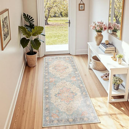 RELEANY Area Rugs Runner 2'x5' Washable Non-Slip, Floral Vintage Distress Medallion Carpet for Kitchen Hallway Bedroom Beside Laundry Room Bathroom, Blue Orange Red