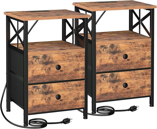 AMHANCIBLE Nightstands Set of 2, Night Stand with Charging Station, Small Bedside Table with 2 Fabric Drawers, End Tables Living Room with USB C Ports for Bedroom, Rustic Brown HET05XBR