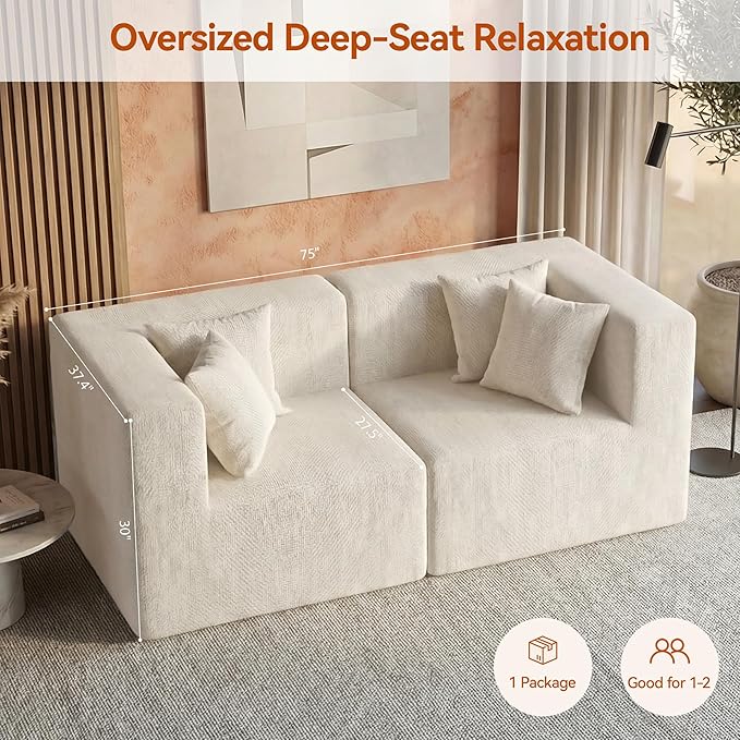 MONVANE 75" Loveseat Sofa, Comfy Chenille Modular Sectional Sofa with 4 Pillows, Modern Deep Seat Boneless Couch, 2 Seater Sofa for Living Room, Bedroom and Apartment, Beige