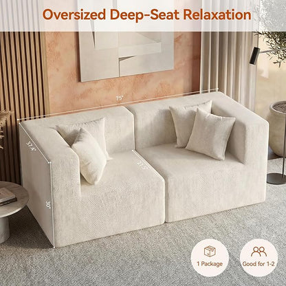 MONVANE 75" Loveseat Sofa, Comfy Chenille Modular Sectional Sofa with 4 Pillows, Modern Deep Seat Boneless Couch, 2 Seater Sofa for Living Room, Bedroom and Apartment, Beige