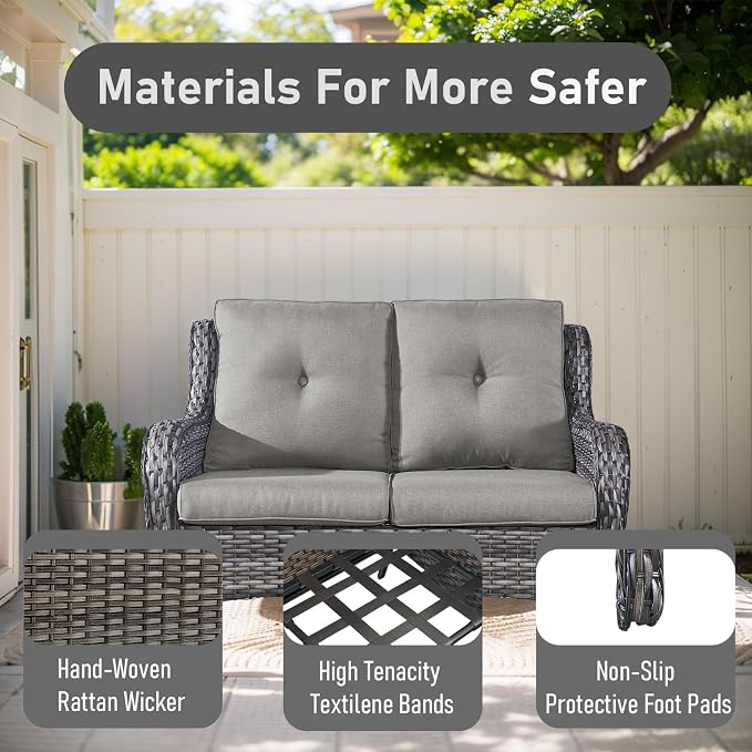 Outdoor Loveseat Sofa-2 Seater Rattan Wicker Patio Couch High Back Patio Sofa for Porch Deck Backyard-Greywicker/Grey
