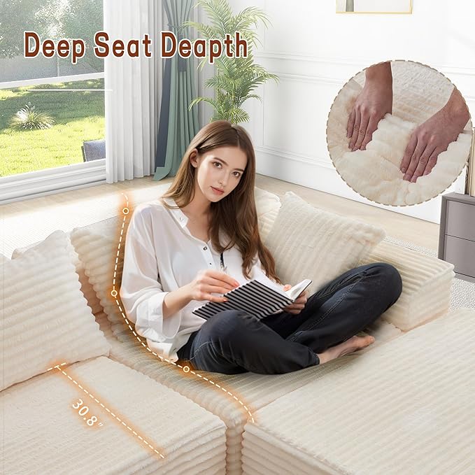 Korser 108" L-Shaped Modular Sectional Sofa with Chaise, Boneless Comfy Corduroy Fluffy Couch with Deep Seat and Side Pockets, Flexible Module Combination for Living Room, No Assembly, Side Pockets