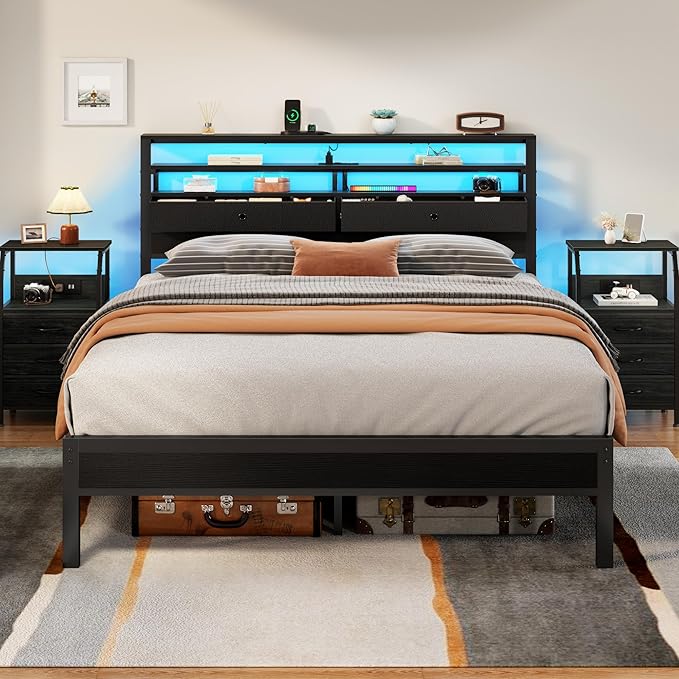 Furnulem Queen Bed Frame with Headboard & 2 Fabric Drawers, Queen Platform Bed Featuring LED Lights, 3-Tier Storage Shelves Built-in Charging Station, Metal Slats, No Box Spring Needed, Easy Assembly