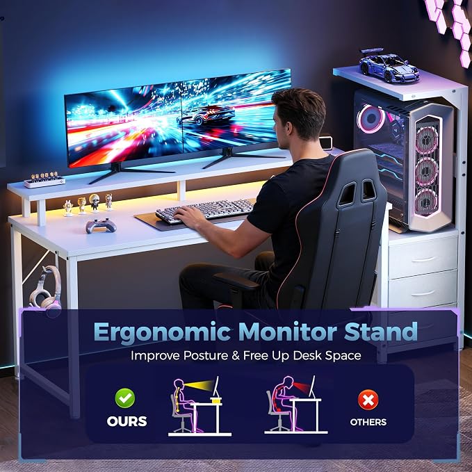 DUMOS 59” Gaming Desk with USB Charging Ports & LED Lights, Reversible Computer Desk with Drawers, PC Desk for Home Office Small Space, Gaming Table Fits PC Towers, White