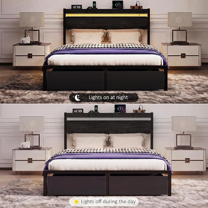 Queen Bed Frame with Drawers, Platform Bed with LED Lights & Charging Station, Wood Headboard, Strong Metal Slats Support, No Box Spring Needed, Noise Free, Easy Assembly