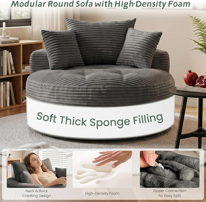 Oversized Round Chaise Lounge Chair, Deep Seat Cloud Boneless Floor Sofa Couch, Upholstered Corduroy Sleeper with 3 Pillows & Optional Ottoman, No Assembly Modern Lazy Floor Lounger for Living Room