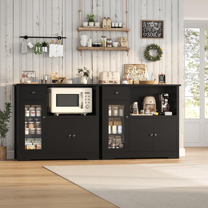 HORSTORS Microwave Cabinet, Kitchen Storage Cabinet with 3 Doors and 1 Drawer, Buffet Sideboard with Adjustable Shelves, Microwave Stand for Kitchen, Dining Room, Black