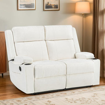 55" RV Loveseat Recliner – Space-Saving Double Reclining RV Sofa, Compact Theater Seating with Cup Holders & Storage Pocket, Beige Chenille Couch for Camper, Motorhome & Home Theater
