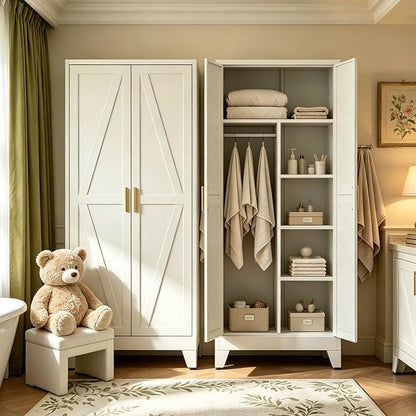 71" H White Closet,Armoire Wardrobe Closets,Metal Wardrobe Closet with Doors and Shelves