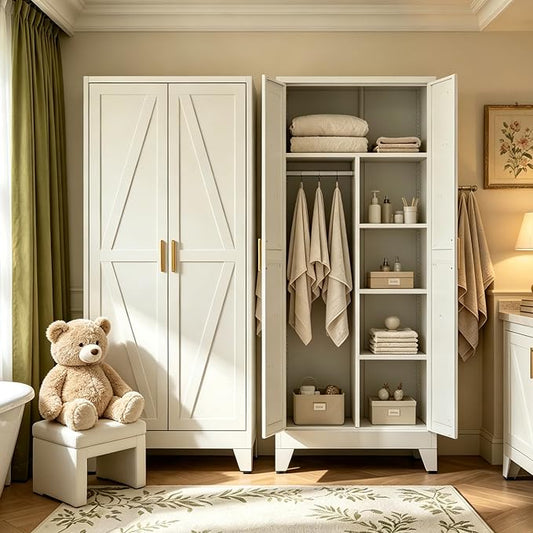 71" H White Closet,Armoire Wardrobe Closets,Metal Wardrobe Closet with Doors and Shelves