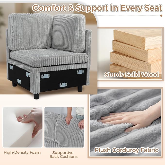 Modular Sectional Sleeper Sofa with Pull Out Bed, Plush Corduroy U Shaped Couch with Storage Chaise, USB Ports, Cup Holders, Comfy Cloud Couches for Living Room, Grey