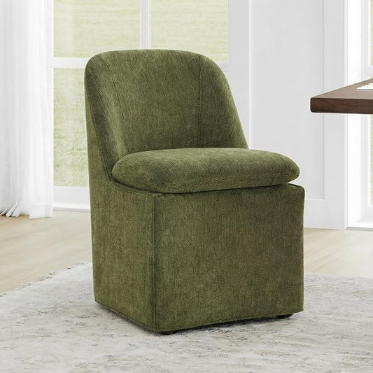 KISLOT Upholstered Dining Chairs Set of 1 with Casters, Modern Side Armless Deskchair with Washable Slipcover & Sturdy Metal Frame for Diningroom Bedroom Livingroom Reading Room, Green Fabric