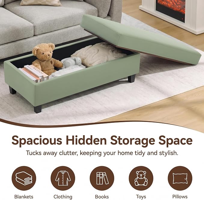 45" Faux Leather Storage Ottoman Bench with Wooden Tray, Sage Green Large Upholstered Foot Stool, Multifunctional Coffee Table Storage Bench with Solid Wood Legs for Living Room Bedroom Entryway