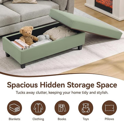 45" Faux Leather Storage Ottoman Bench with Wooden Tray, Sage Green Large Upholstered Foot Stool, Multifunctional Coffee Table Storage Bench with Solid Wood Legs for Living Room Bedroom Entryway