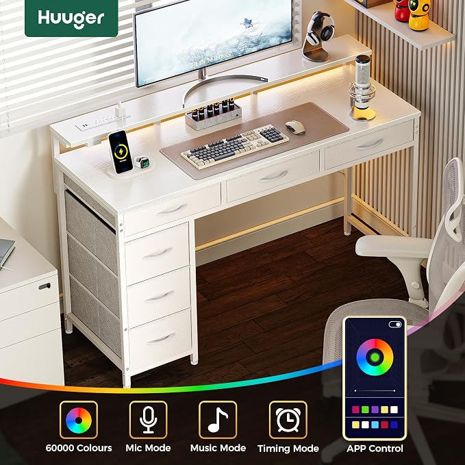 Huuger Gaming Desk with 6 Drawers, Computer Desk with LED Lights Power Outlets and Type-C, 39 Inch Office Desk with Storage, Monitor Stand, Writing Work Desk Home Office, Bedroom, White