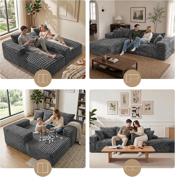 2" Corduroy Boneless Couches for Living Room, L Shape Sofa with Chaise | 102.4" Modular Sectional Sofa, Cloud Couch Sectional with Deep Seat, No Assembly, Grey, Left Chaise