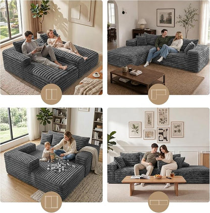 2" Corduroy Boneless Couches for Living Room, L Shape Sofa with Chaise | 102.4" Modular Sectional Sofa, Cloud Couch Sectional with Deep Seat, No Assembly, Grey, Left Chaise