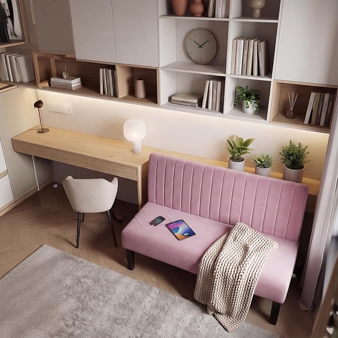 STHOUYN Mini Small Comfy Couch Armless Loveseat Sofa for Bedroom with USB Port, Velvet Couches for Small Spaces Living Room, Apartment Office Dorm (Pink)