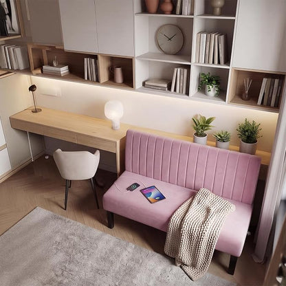STHOUYN Mini Small Comfy Couch Armless Loveseat Sofa for Bedroom with USB Port, Velvet Couches for Small Spaces Living Room, Apartment Office Dorm (Pink)