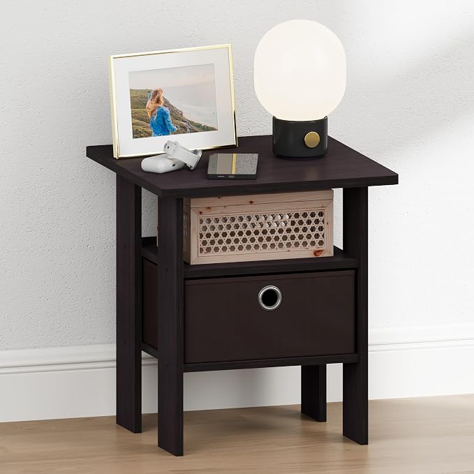 Furinno TIDUR 3-Tier Night Stand, Nightstand with Storage Bin, Dark Walnut | Open Shelf Design, Bedside Table, End Table, Side Table for Bedroom, Living Room