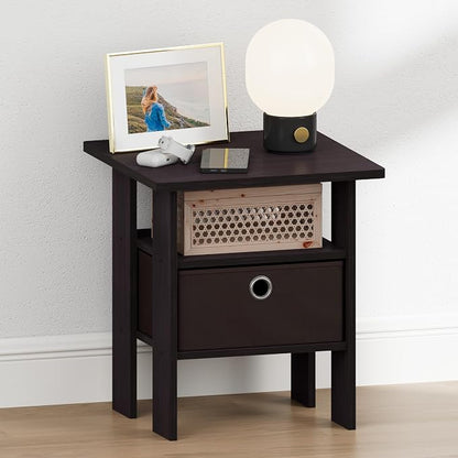 Furinno TIDUR 3-Tier Night Stand, Nightstand with Storage Bin, Dark Walnut | Open Shelf Design, Bedside Table, End Table, Side Table for Bedroom, Living Room
