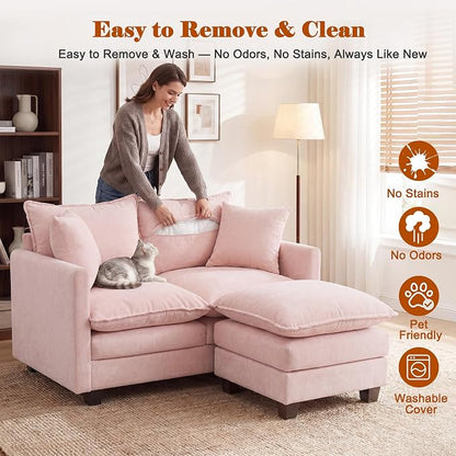 50'' L-Shape Loveseat Sofa with 22" Ottoman, 2 Seat Modern Cloud Couch with 2 Washable Pillows for Small Space Apartment Office Living Room Bedroom, Pink
