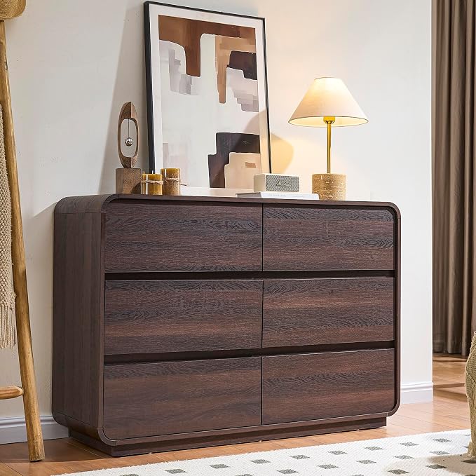 Standifurno Walnut 6 Drawer Dresser, Curved Chest of Drawers for Bedroom, 47 Inch Wide Dresser with Deep Drawers for Clothes, Modern Drawer Closet for Bedroom, Living Rooms, Offices, Entryways