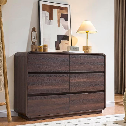 Standifurno Walnut 6 Drawer Dresser, Curved Chest of Drawers for Bedroom, 47 Inch Wide Dresser with Deep Drawers for Clothes, Modern Drawer Closet for Bedroom, Living Rooms, Offices, Entryways