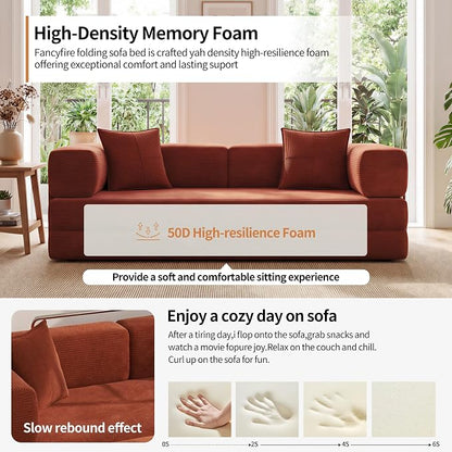 78.8" Convertible Sofa Bed with Armrest Pillow, 4-in-1 Sleeper Couch Bed for Livingroom, Modular Corduroy Boneless couches, No Assembly (Orange)