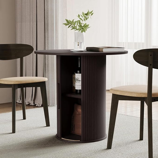 31.5" Round Dining Table for 2-4, Modern Kitchen Table with 2-Tier Storage Shelf, Small Wooden Circle Dining Tables with Fluted Base for Home Dining Room Living Room (Blackened Brown)