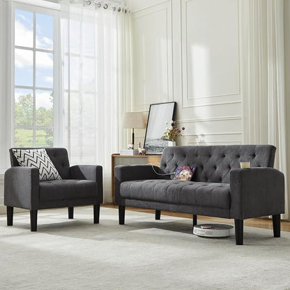 TYBOATLE 62" W Loveseat Sofa w/ 2 USB Charger Ports and 2 Cupholders, Mid-Century Modern Tufted Linen Fabric Small Love Seat Couches for Compact Living Room, Bedroom, Apartment, Dorm