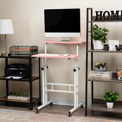 Mind Reader Standing Desk, Adjustable Height Laptop Workstation, Portable Rolling Desk on Wheels, Two-Tier Metal Frame, Pink