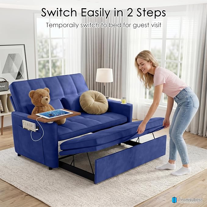 54'' Sleeper Sofa Bed, Convertible Pull Out Couch Futon for for Living Room,Apartment (Blue) Side Desk, USB Ports, Cup Hold, Velvet Fabric, Adjustable Backrest, Easy Assembly